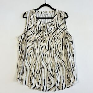 Rose + Olive Womens 1X Tan Black Animal Stripe Pleated Tie Sleeveless Shirt Top